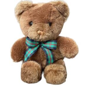 FAO Schwartz Bear Plush Mini Brown Stuffed Animal Plaid Ribbon Small Classic